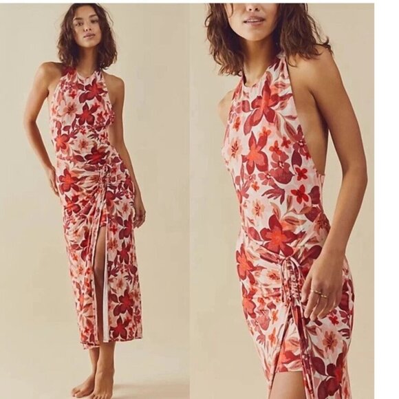 Free People Mimi Pink Red Floral Ruched Beachy Flowy Maxi Dress 37625 - Picture 14 of 14